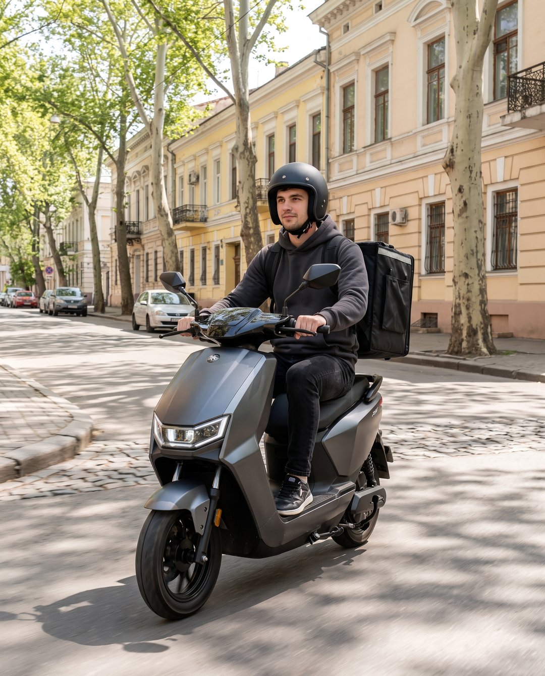 Кур'єр з термосумкою на електромопеді їде вулицею Одеси